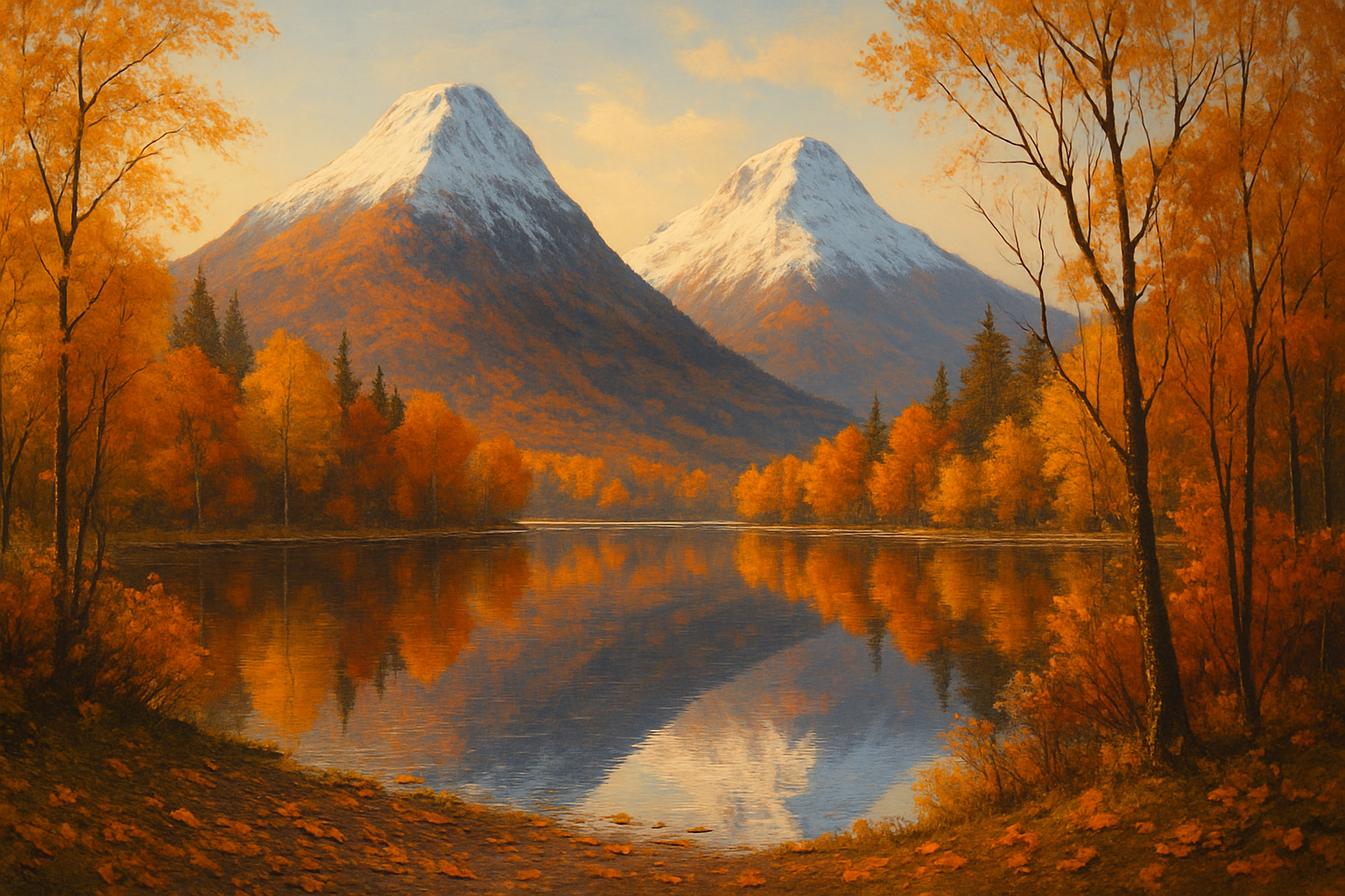 a couple mountains over a lake with an autumn vibe